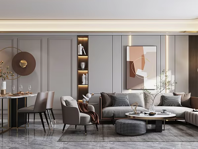 Modern Dining and Living Room Interior With Sofa Dining Table Artwork Lighting And Cushions 3d model