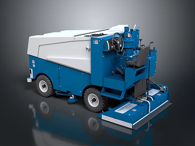 Blue And White Ride On Floor Scrubber Machine With Steering Wheel And Brushes 3d model
