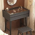 Black Modern Dressing Table With Round Mirror Drawers And Matching Stool 3d model