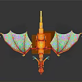 Detailed Orange Dragon Sculpture with Colorful Wings Standing on Orange Pedestal