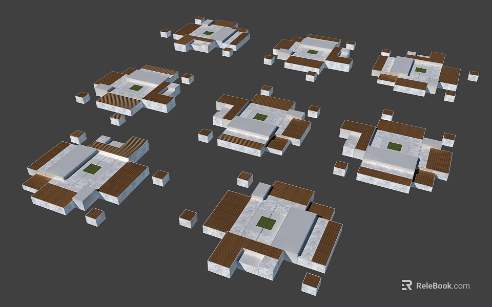 Modern Landscape Seats With White Brown Frames And Central Green Areas 3d model
