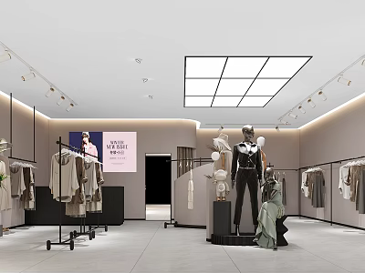 Modern Clothing Store Interior With Mannequins Hanging Garments Display Racks And Soft Lighting 3d model