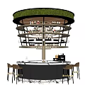 Modern Circular Bar Design With Multi Tiered Shelves Holding Wine Bottles Greenery Top And Stools