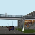 Pedestrian Bridge Over Urban Road With Vehicles Modern Building And Street Lamps