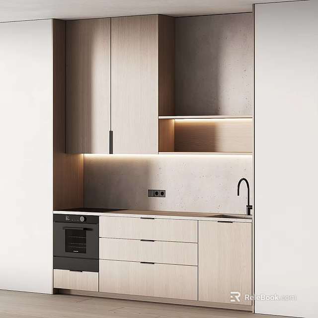 Modern Kitchen With Light Wood Cabinets Drawers And Oven Appliance 3d model 