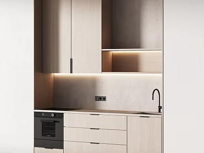 Modern Kitchen With Light Wood Cabinets Drawers And Oven Appliance 3d model