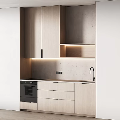 Modern Kitchen With Light Wood Cabinets Drawers And Oven Appliance 3d model