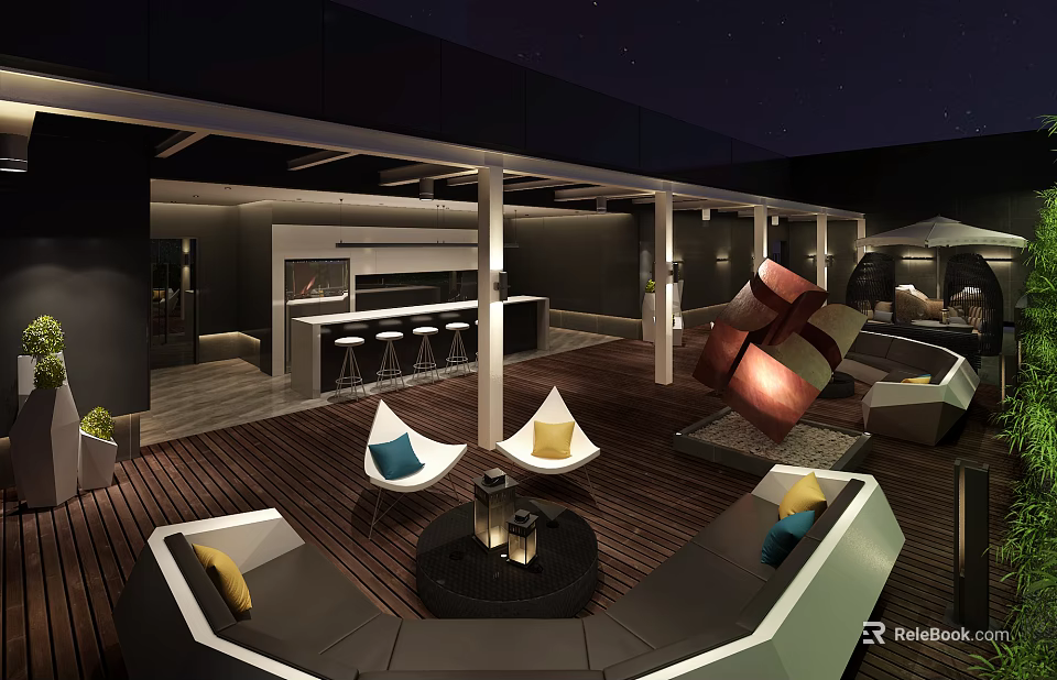 Hotel Public Lounge Area With Outdoor Wooden Flooring Sofas Chairs And Bar Counter Lighting 3d model 
