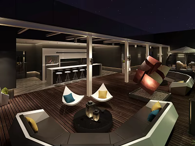 Hotel Public Lounge Area With Outdoor Wooden Flooring Sofas Chairs And Bar Counter Lighting 3d model
