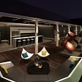 Hotel Public Lounge Area With Outdoor Wooden Flooring Sofas Chairs And Bar Counter Lighting