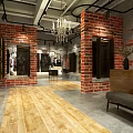 Modern Clothing Store Interior With Brick Walls Wooden Flooring Black Metal Furniture And Mirrors