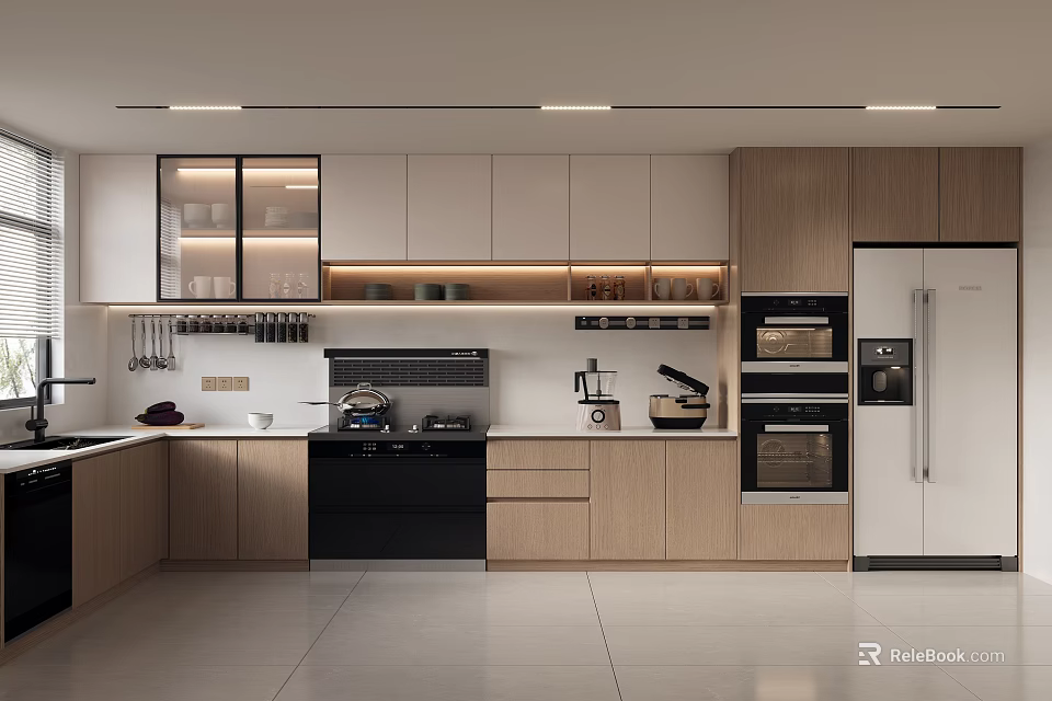 Modern Kitchen Interior Design With White And Wooden Cabinets Built-in Oven Stove And Refrigerator 3d model 