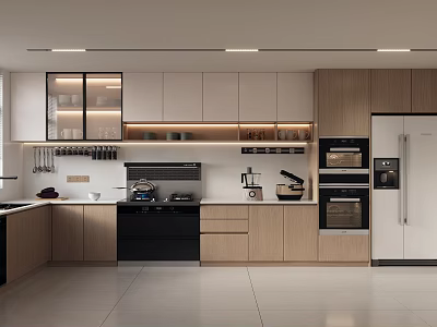 Modern Kitchen Interior Design With White And Wooden Cabinets Built-in Oven Stove And Refrigerator 3d model