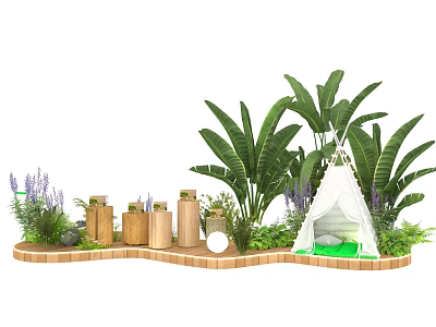 Art Installation With Large Leaf Plants Purple Flowers Wooden Cylinders White Tepee And Greenery 3d model