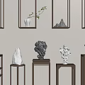 Stone Wood Interior Decor With Wooden Shelves Stone Sculptures And Hanging Plants
