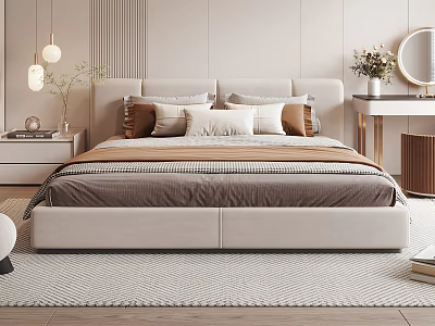 Modern Double Bed Interior Design With Upholstered Headboard Soft Pillows Woven Rug And Pendant Lights 3d model