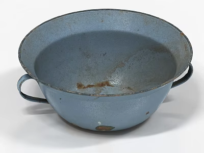 Light Blue Vintage Ceramic Bowl With Dual Handles And Worn Surface 3d model