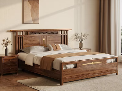 Modern Bedroom Interior With Wooden Bed Nightstands Artwork Curtains And Area Rug 3d model