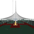 Tensile Membrane Structures Over Green Sports Court Near Red Brick Building With Trees And Cars
