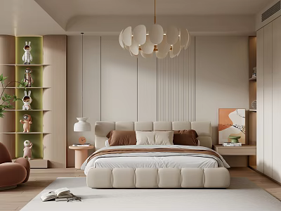 Modern Bedroom Interior With Large Bed Beige Brown Cushions Green Bookshelf And Chandelier 3d model