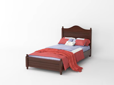 Modern Single Bed With Wooden Frame Curved Headboard Blue Sheets Red Blanket And Pillows 3d model