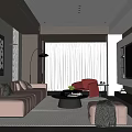 Modern Living Room Interior Design With Beige Sofa Red Armchair Large Window And Fireplace