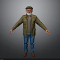Bearded Man In Cap Green Jacket Gray Shirt Blue Pants Brown Shoes With Arms Outstretched