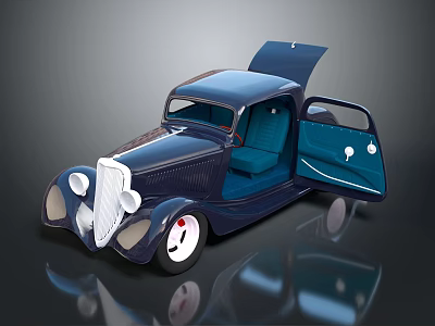 Vintage Blue Car With Open Doors And Hood Classic Interior Seats Design 3d model