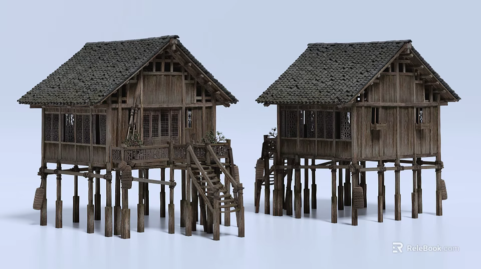 Traditional Wooden Detached Villa with Stilted Supports Tile Roof Railings and Wooden Stairs 3d model 