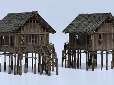 Traditional Wooden Detached Villa with Stilted Supports Tile Roof Railings and Wooden Stairs 3d model