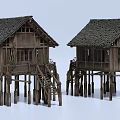 Traditional Wooden Detached Villa with Stilted Supports Tile Roof Railings and Wooden Stairs