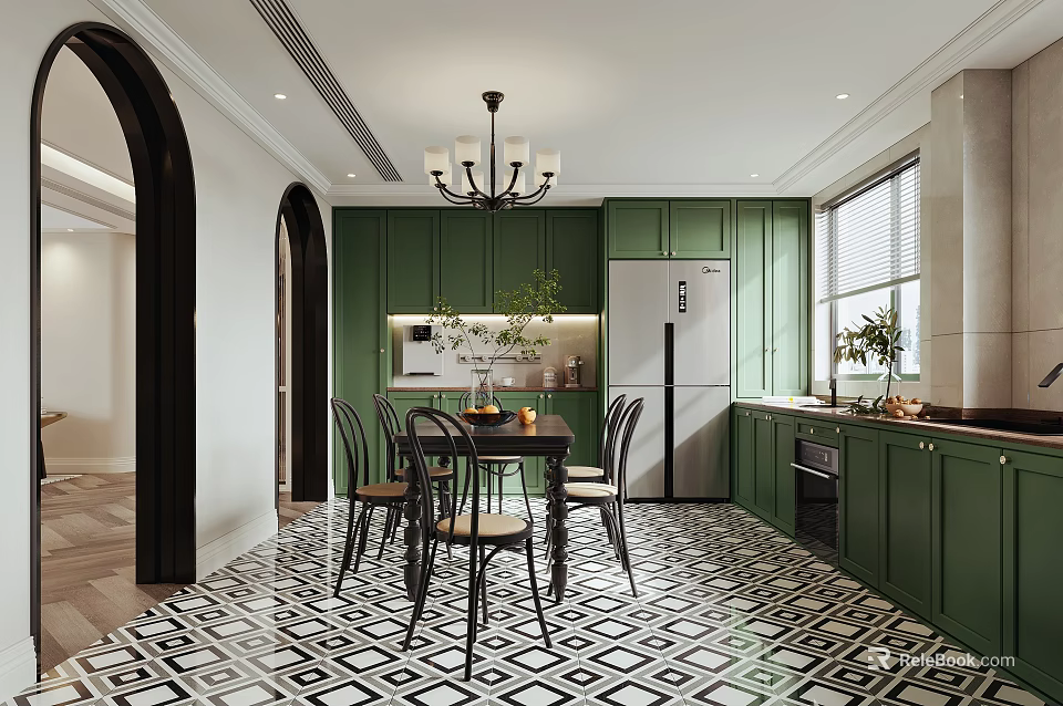 Green Kitchen Interior With Black And White Geometric Floor Dining Table Chairs And Chandelier 3d model 