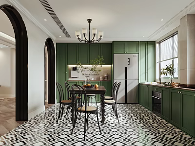 Green Kitchen Interior With Black And White Geometric Floor Dining Table Chairs And Chandelier 3d model