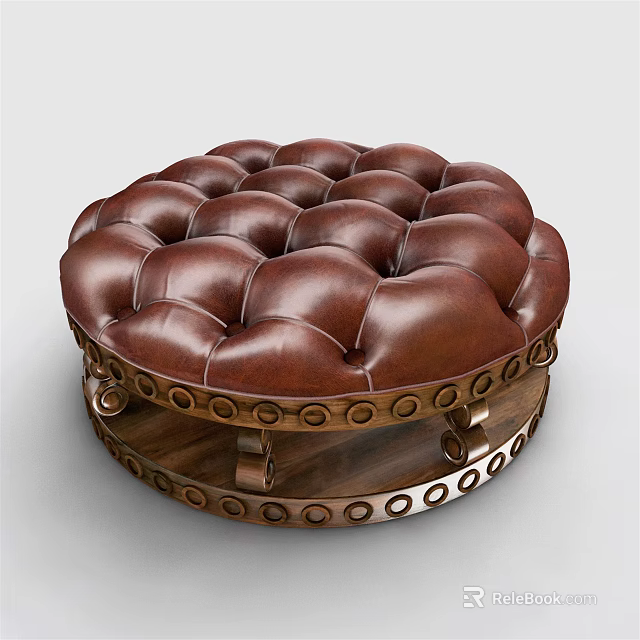 Brown Leather Tufted Round Ottoman With Decorative Wooden Base And Buttoned Top 3d model 