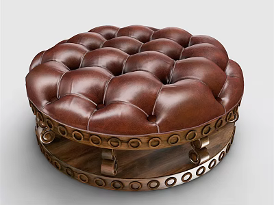 Brown Leather Tufted Round Ottoman With Decorative Wooden Base And Buttoned Top 3d model