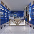 Bright Modern Retail Store Interior With Blue Shelves And Bottled Products Display Cabinets
