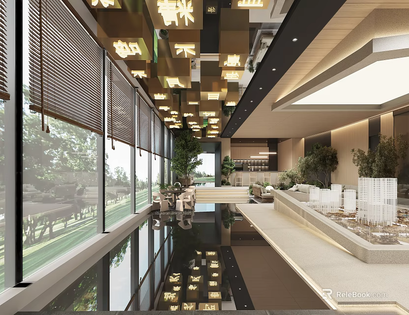 Modern Sales Office With Large Windows Water Feature And Property Models 3d model 