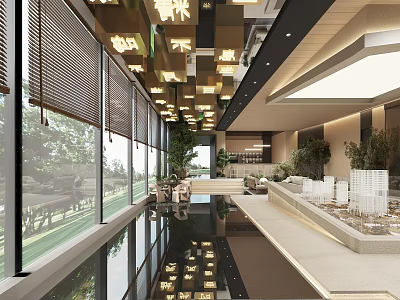 Modern Sales Office With Large Windows Water Feature And Property Models 3d model