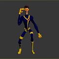 Animated Game Movie Character In Blue Yellow Suit With Brown Hair Kneeling And Observing