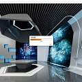 Futuristic Exhibition Hall With Hexagonal Platform Large Digital Screens And Blue Tech Background