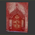 Gothic Style Entrance Door With Arched Design Wooden Panels Stone Wall And Carved Details