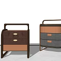 Two Modern Bedside Tables With Leather Wood Drawers And Metal Handles