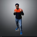 Man In Red Black Sweater Blue Jeans Blue Sneakers In Boxing Stance On Gray Background