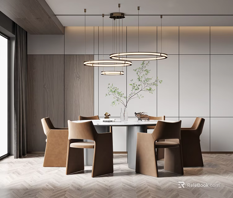Modern Dining Table Set With White Tabletop Brown Chairs And Circular Hanging Lights 3d model
