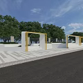 Yellow Modern Canopy with Columns Surrounded by Green Trees and Paved Ground
