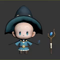 Cute Cartoon Character With Blue Hat Blue Cloak And Magic Staff With Blue Gem