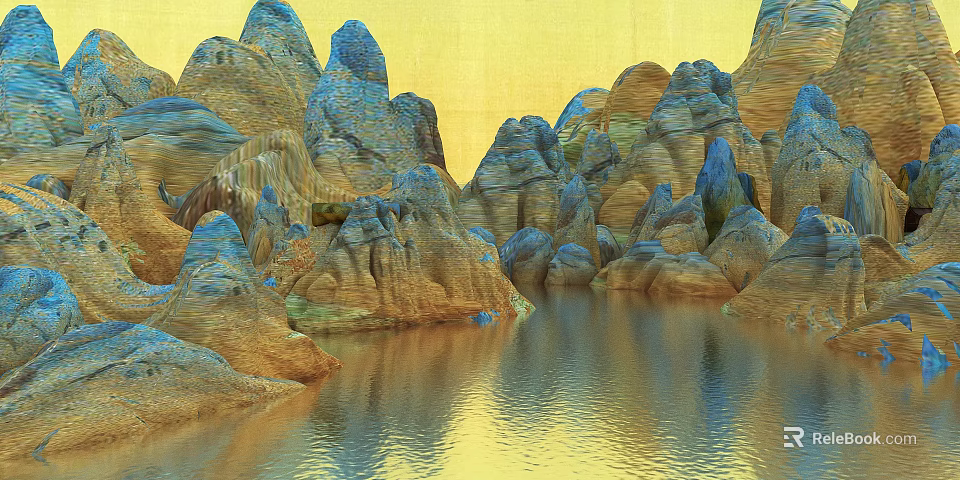 Scenic Rocky Mountain Landscape With Calm Water Reflection And Golden Sky 3d model 