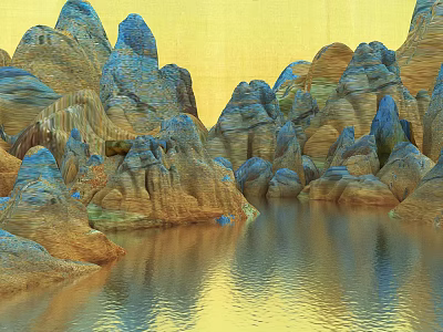 Scenic Rocky Mountain Landscape With Calm Water Reflection And Golden Sky 3d model