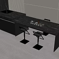 Modern Open Kitchen Bar Counter With Black Countertop And Metal Stools