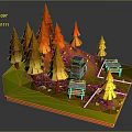 Colorful Paper Art Forest Scene With Yellow Orange Red Trees Small House And Wooden Tables